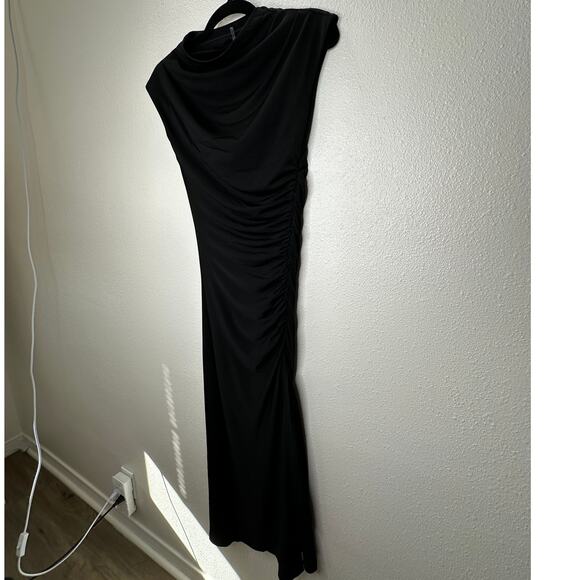 VICI Black Elisabeth Mock Neck Cap Sleeve Side Slit Ruched Midi Dress XS - Picture 8 of 15